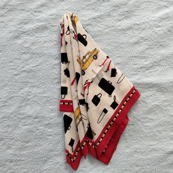 VTG JONES NEW YORK Red & White Square 20" Scarf w/ Yellow Taxi Travel Print - Picture 2 of 11